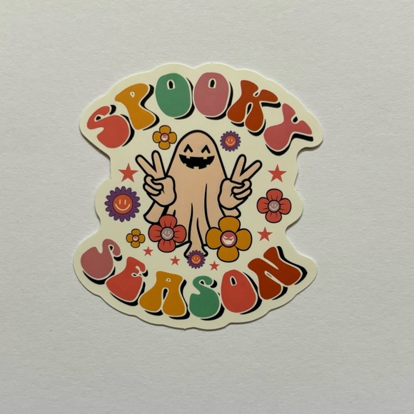 Illustrated Cute Retro Peace Sign Ghost with "Spooky Season" Waterproof Sticker - Picture 1 of 2